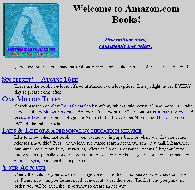 primeiro layout do site da amazon, em 1994